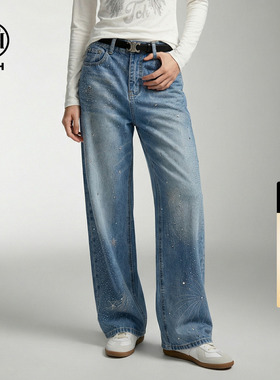 TCH2026春款时尚满天星烫钻慵懒风直筒阔腿牛仔裤女T78A20E1187