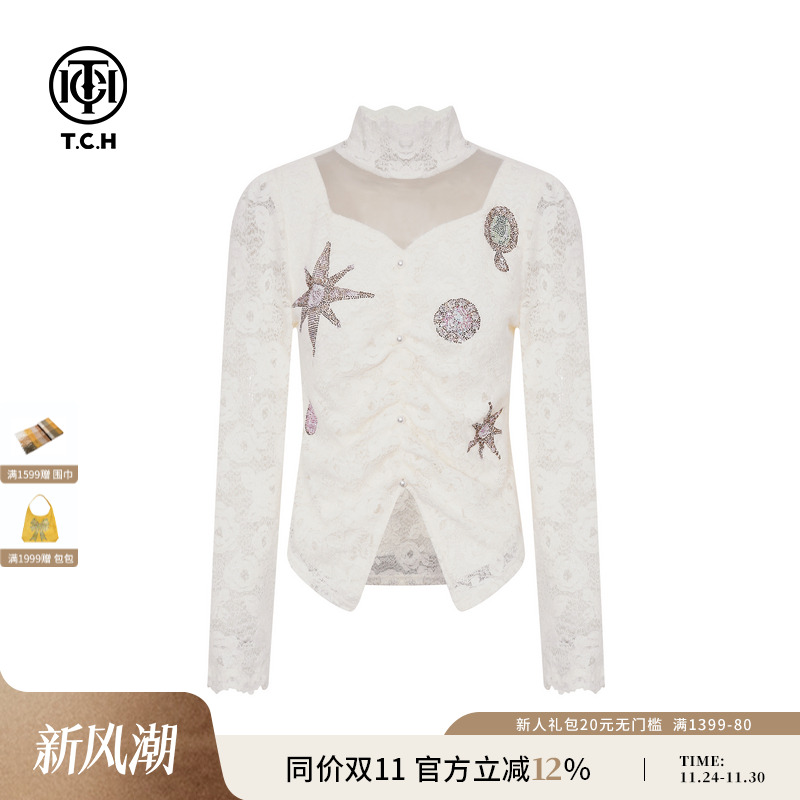 TCH私服烫钻时尚气质修身显瘦打底衫女2025秋冬新款T75D02E5003