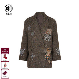 T75C27E5009 新款 TCH私服烫钻复古时髦绵羊毛潮流西装 外套女25秋季