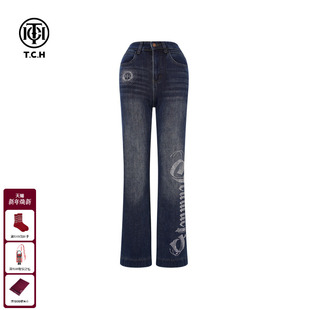 T75D20E1135 新款 TCH尚烫钻做旧加绒直筒显瘦微喇牛仔裤 女2025冬季