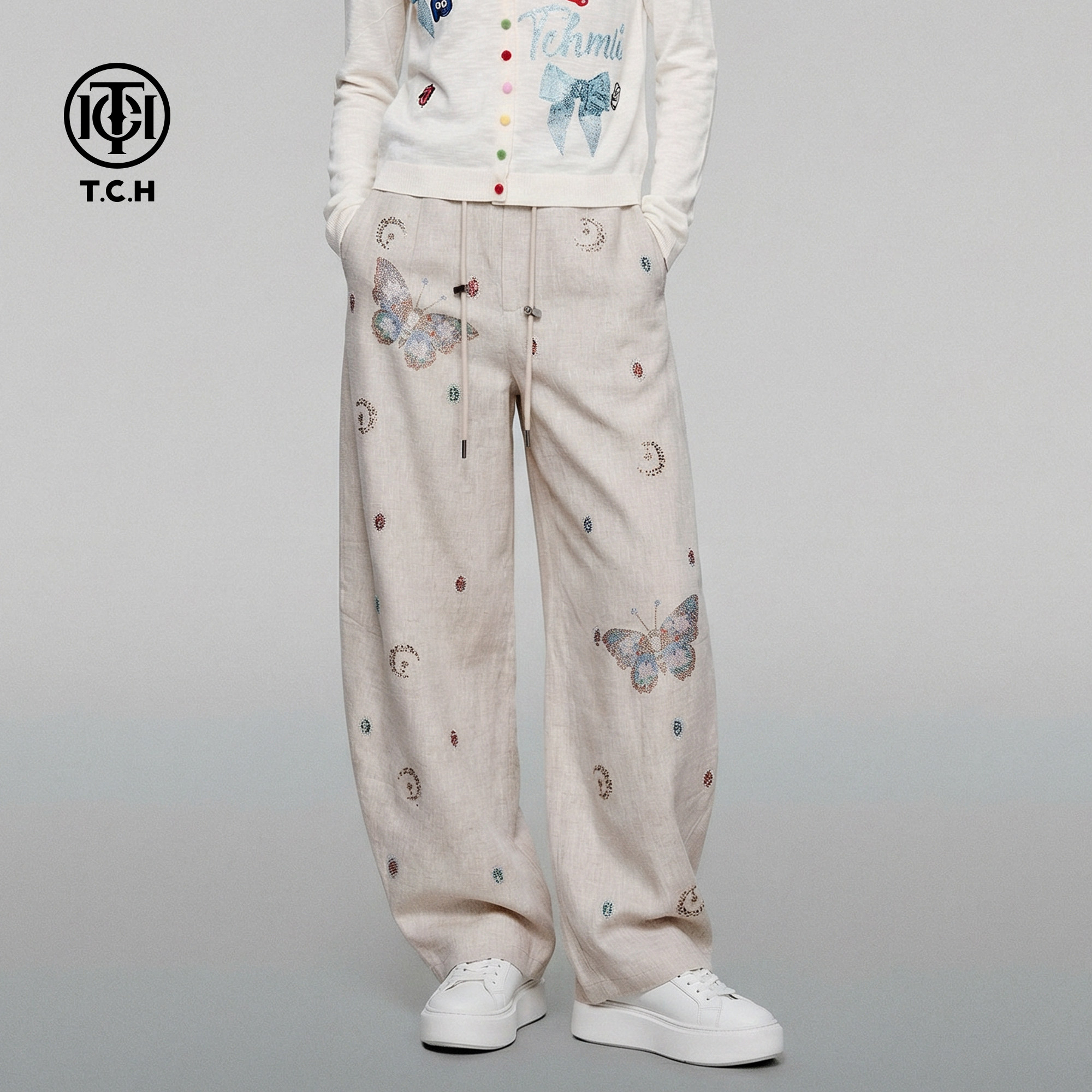 TCH私服烫钻亚麻薄款高腰弯刀裤阔腿宽松休闲裤女夏季T75B20E5089