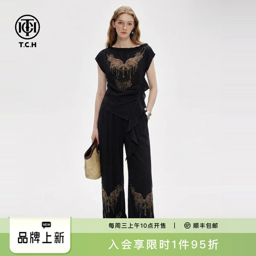 不规则飘带露肩短袖阔腿长裤