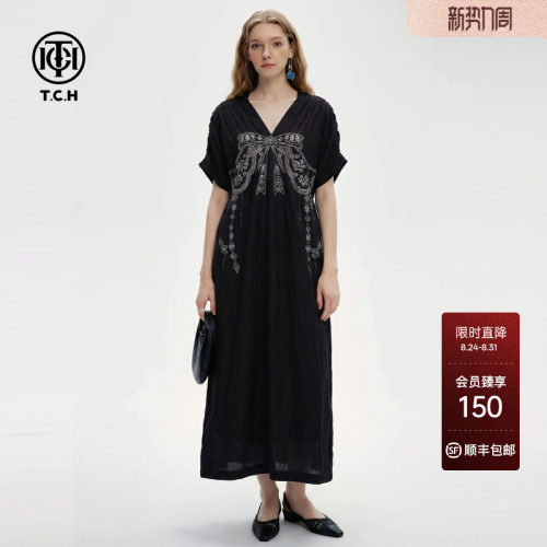 TCH烫钻大蝴蝶结宽松黑色连衣裙