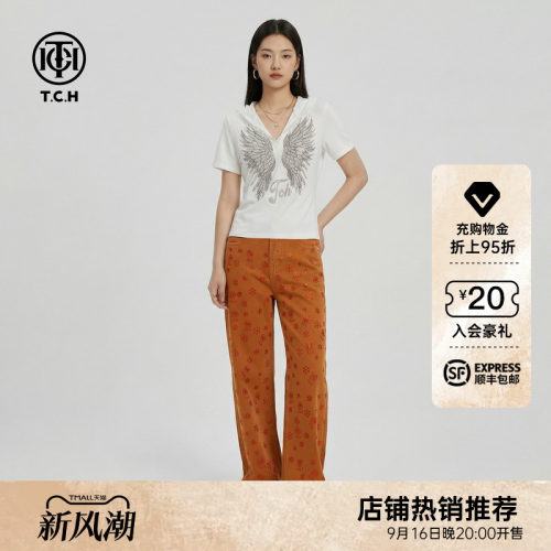 TCH复古烫钻满印直筒牛仔裤女