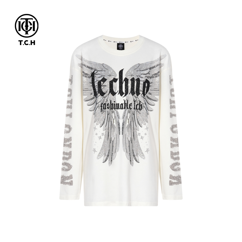 TCH轻奢潮牌翅膀烫钻休闲宽松圆领长袖T恤男女同款T75C08E9026