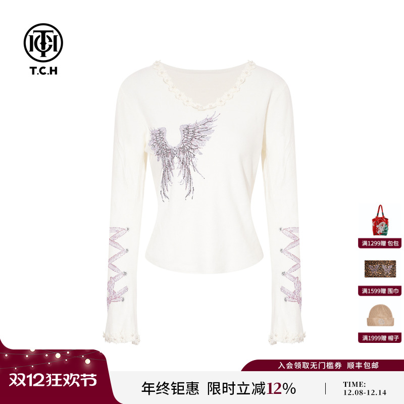 TCH2025秋冬烫钻木耳边针织衫女米色修身长袖打底衫女T75D09E5045