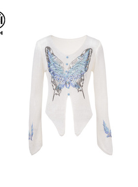 TCH 私服烫钻蝴蝶V领时髦不规则针织衫女2025夏季新款T75A09E5057