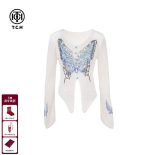 新款 女2025夏季 T75A09E5057 私服烫钻蝴蝶V领时髦不规则针织衫 TCH