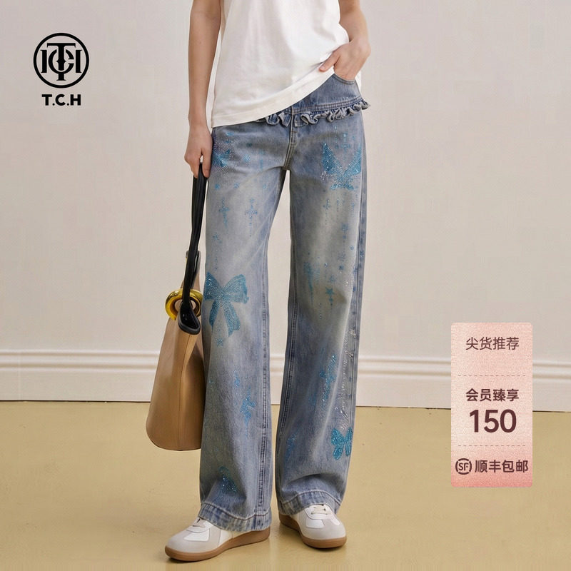 TCH烫钻蝴蝶结高腰阔腿牛仔裤女图片