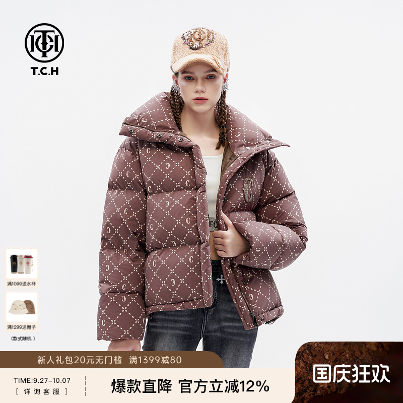 TCH潮牌复古时尚白鸭绒短款羽绒服男女2024秋冬新款立领保暖外套