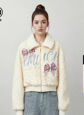 TCH甜美风减龄翻领宽松烫钻蝴蝶结字母保暖毛毛外套女T78A27E1008
