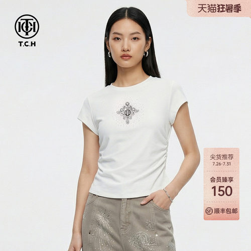 TCH2026春新款修身显瘦设计感短款辣妹正肩短袖T恤女T78A10E1028