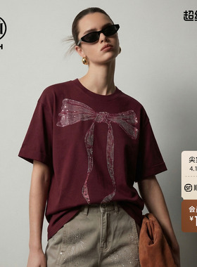 TCH烫钻蝴蝶结休闲百搭圆领酒红色短袖T恤女2026春款T78A10E1032