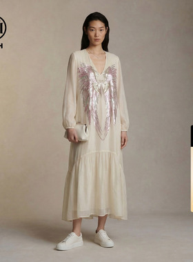 TCH烫钻翅膀连衣裙女米色V领宽松高级感仙女长裙夏季T78A30E1088
