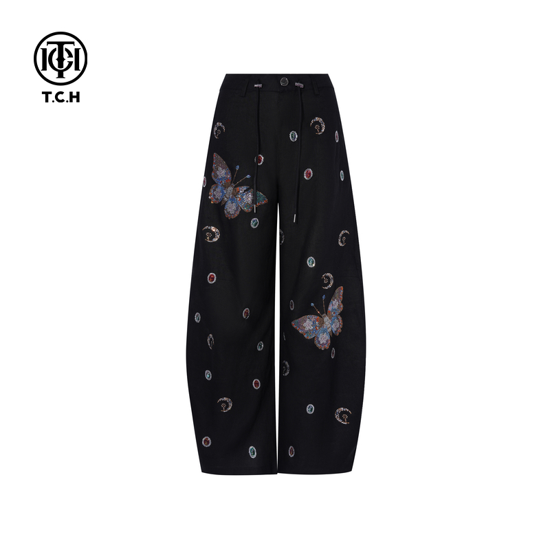 TCH私服烫钻薄款亚麻气质百搭弯刀阔腿宽松休闲长裤女T75B20E5103