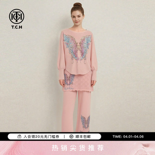 TCH宽松蝙蝠袖 女假两件阔腿裤 套装 T78A07E1057 幻彩蝶翼烫钻针织衫