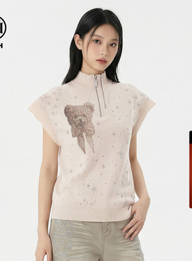 TCH温柔减龄烫钻短袖针织衫女米色半拉链翻领显瘦上衣T78B09E1031