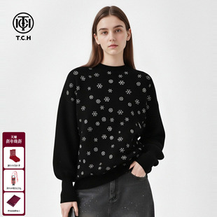 上衣女T75D09E1293 简约氛围感烫钻雪花黑色针织衫 TCH秋冬新款 时尚