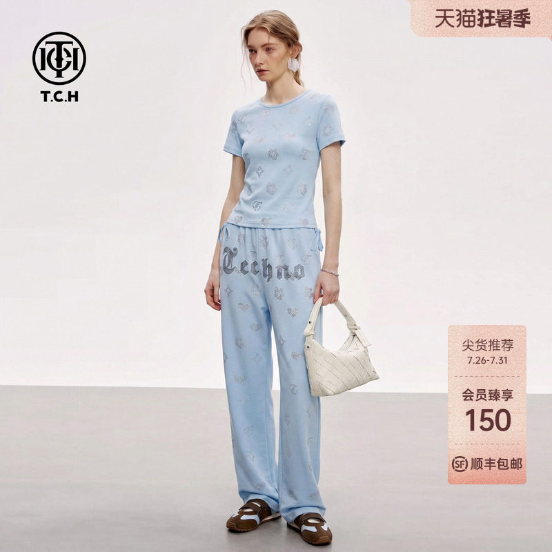 TCH时尚潮流休闲套装女夏季蓝色减龄烫钻收腰短袖T恤阔腿裤两件套