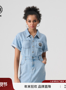 TCH轻奢烫钻时尚百搭短袖蓝色牛仔连衣裙2025春夏新款T72B308005