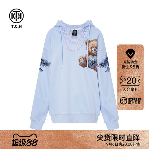 TCH轻奢翅膀烫钻休闲宽松蕾丝连帽卫衣女初早秋新款T75C12E9007