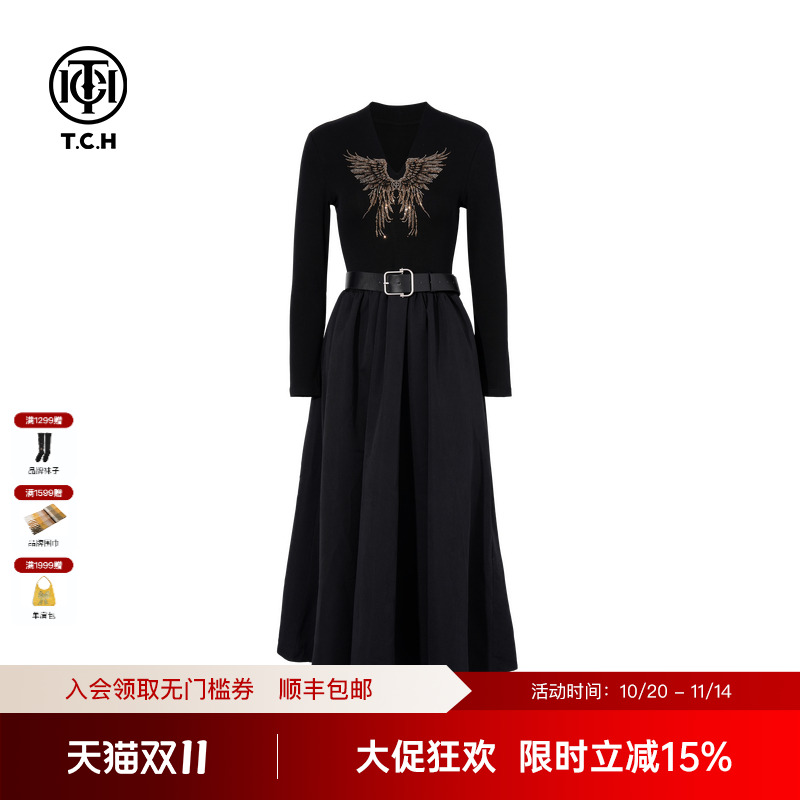 TCH私服烫钻老钱风气质收腰显瘦连衣裙女2025秋冬新款T75C30E1099