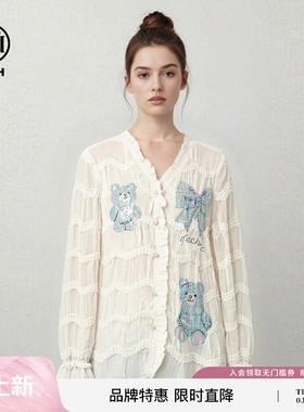 TCH2026春季新款烫钻钻小熊宽松V领荷叶袖衬衫上衣女T78A13E1011