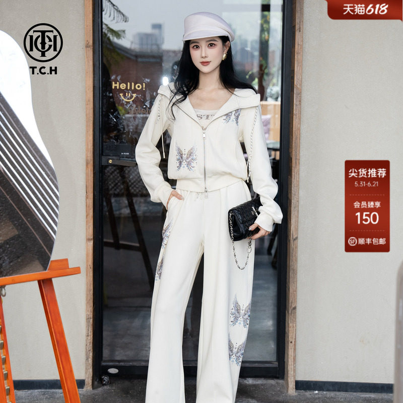 TCH白玉蝴蝶弹性松紧腰连帽拉链卫衣外套女休闲直筒裤套装(80%棉)