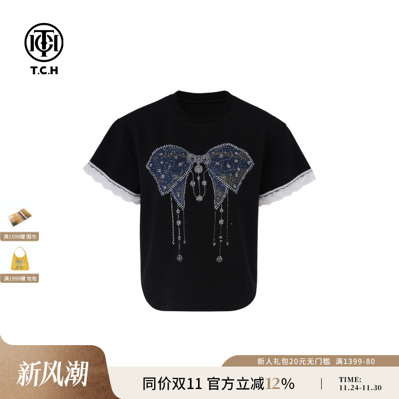 TCH潮牌轻奢百搭小众时尚烫钻蝴蝶结短袖T恤上衣女T75A10B9075