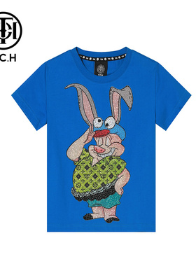 TCH 轻奢潮牌潮牌大C童装T恤烫钻长耳猪春夏短袖T69A10601K