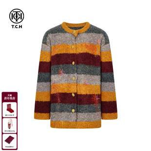 女T75D43E1040 烫钻复古撞色条纹绵羊毛针织开衫 TCH25秋冬新款 时尚