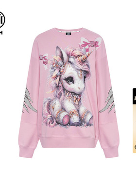 TCH潮牌烫钻2026春夏新款时尚宽松卡通粉色圆领卫衣T75C11E9002