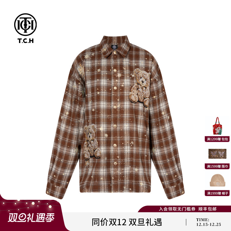 TCH轻奢潮牌烫钻街头休闲宽松格子衬衫上衣男女同款T75C13E9003