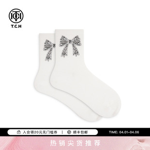 百搭纯棉中筒袜T75D55E1021 TCH蝴蝶结烫钻米色休闲袜子女秋冬新款