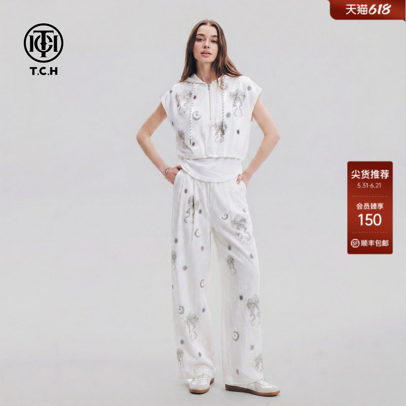 TCH蝴蝶结烫钻无袖连帽T恤套装女白色休闲阔腿裤两件套2026夏新款