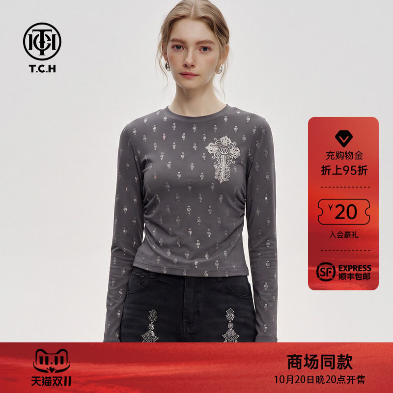TCH辣妹风设计感灰色长袖T恤女2026年秋季烫钻满印修身显瘦短上衣