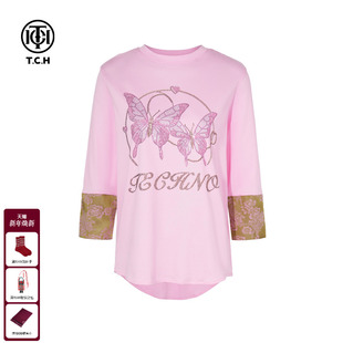 TCH轻奢烫钻工艺时尚 T恤女T75B10E1061 休闲蝴蝶结粉色长袖