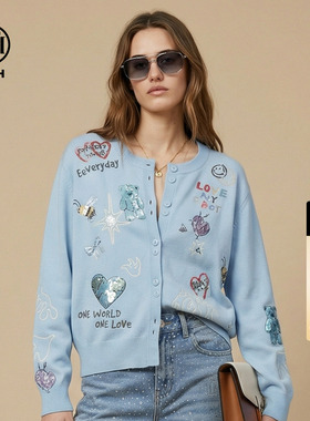 TCH烫钻涂鸦蓝色休闲减龄薄款针织开衫上衣2026春款女T78A43E1111