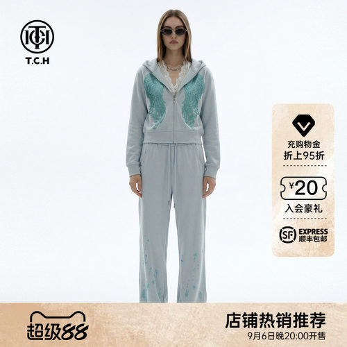 TCH烫钻翅膀宽松拼接蕾丝连帽外套阔腿裤休闲时尚套装T78A07E1140