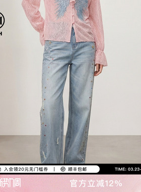 TCH26春夏新款复古做旧百搭时尚烫钻直筒阔腿牛仔裤女T78A20E1241