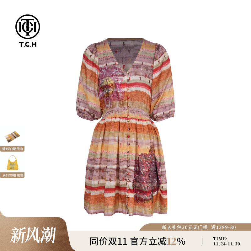 TCH私服烫钻海边度假风打揽收腰显瘦V领印花连衣裙女T75B30E1143