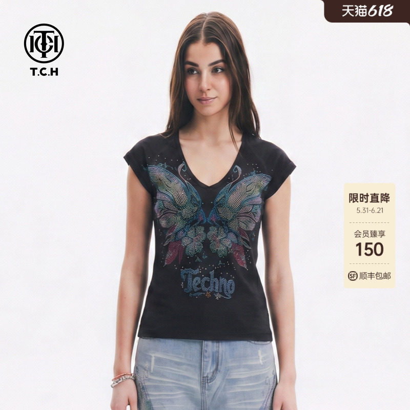 TCH深灰彩色蝴蝶烫钻V领修身T恤女2026夏季新款显瘦百搭短袖上衣