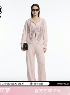 TCH烫钻天使之翼慵懒显瘦连帽外套休闲裤粉色针织套装T78A07E1141