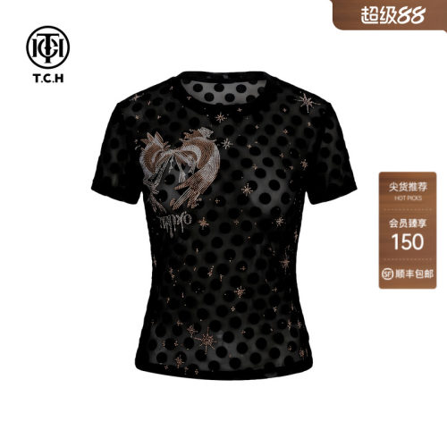 TCH黑色波点烫钻显瘦短袖T恤女