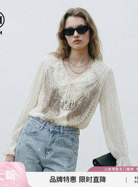 TCH设计感烫钻羽翼荷叶边V领米色宽松长袖气质衬衫女T78A13E1028