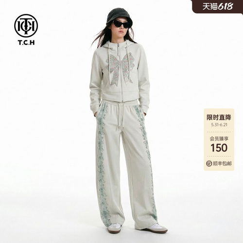 TCH甜酷风减龄烫钻蝴蝶结连帽卫衣外套阔腿裤套装女T78A07E1158