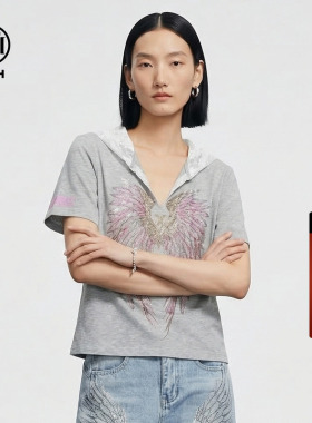 TCH烫钻灰色蕾丝连帽V领显瘦短袖T恤2026年春夏新款女T78A10E1015