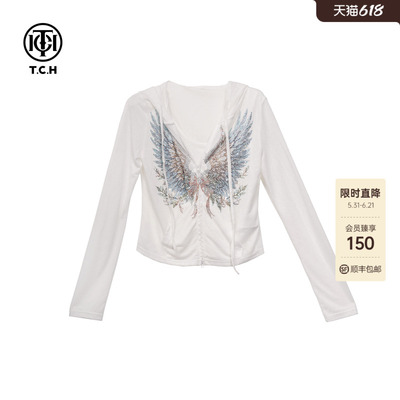 TCH2026春夏新款时尚烫钻白色修身连帽卫衣开衫外套女T78B12E1003