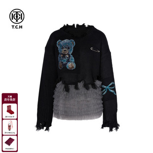 女T75C07E5028 套装 TCH私服小熊烫钻时尚 黑色破洞针织衫