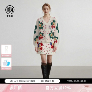 女花朵烫钻针织衫 秋冬慵懒风套装 短裙T78A07E1048 含羊驼毛 TCH